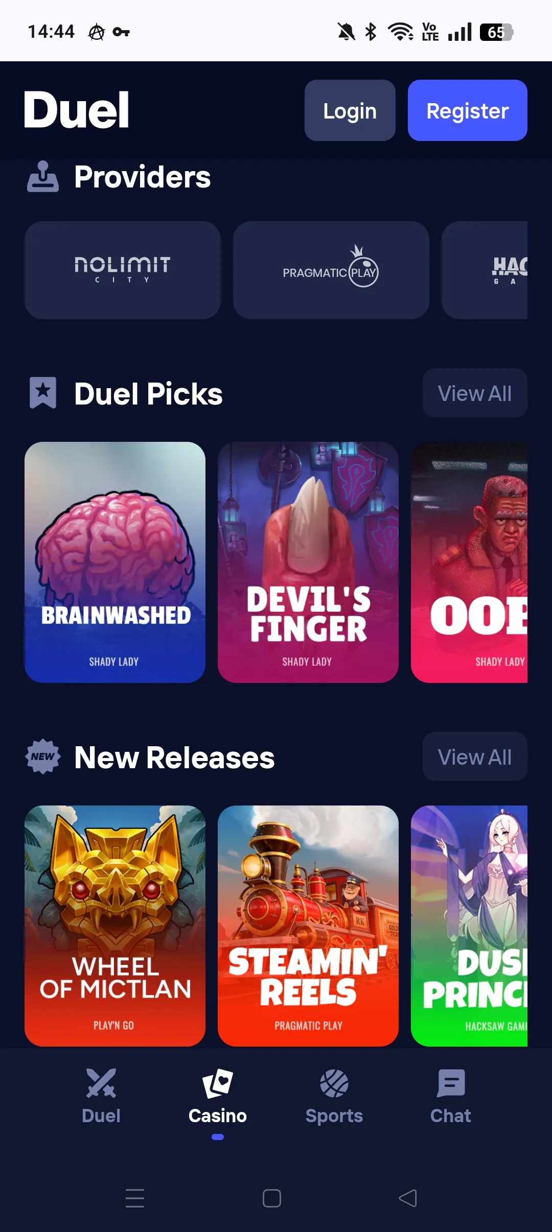 Duel mobile casino lobby with providers and new releases
