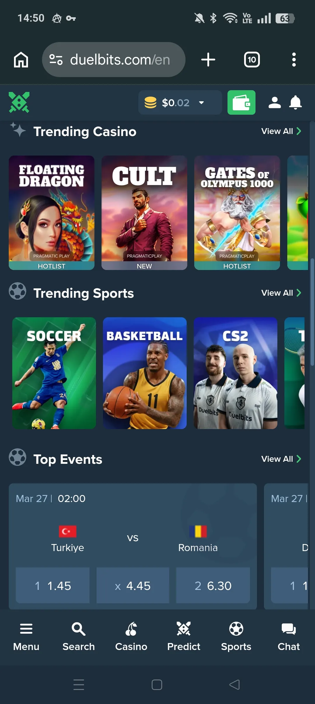 DuelBits mobile home with gaming rows and navigation