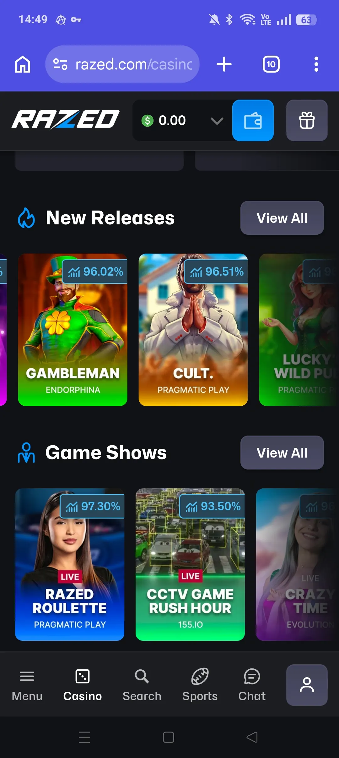 Razed mobile lobby with releases and originals