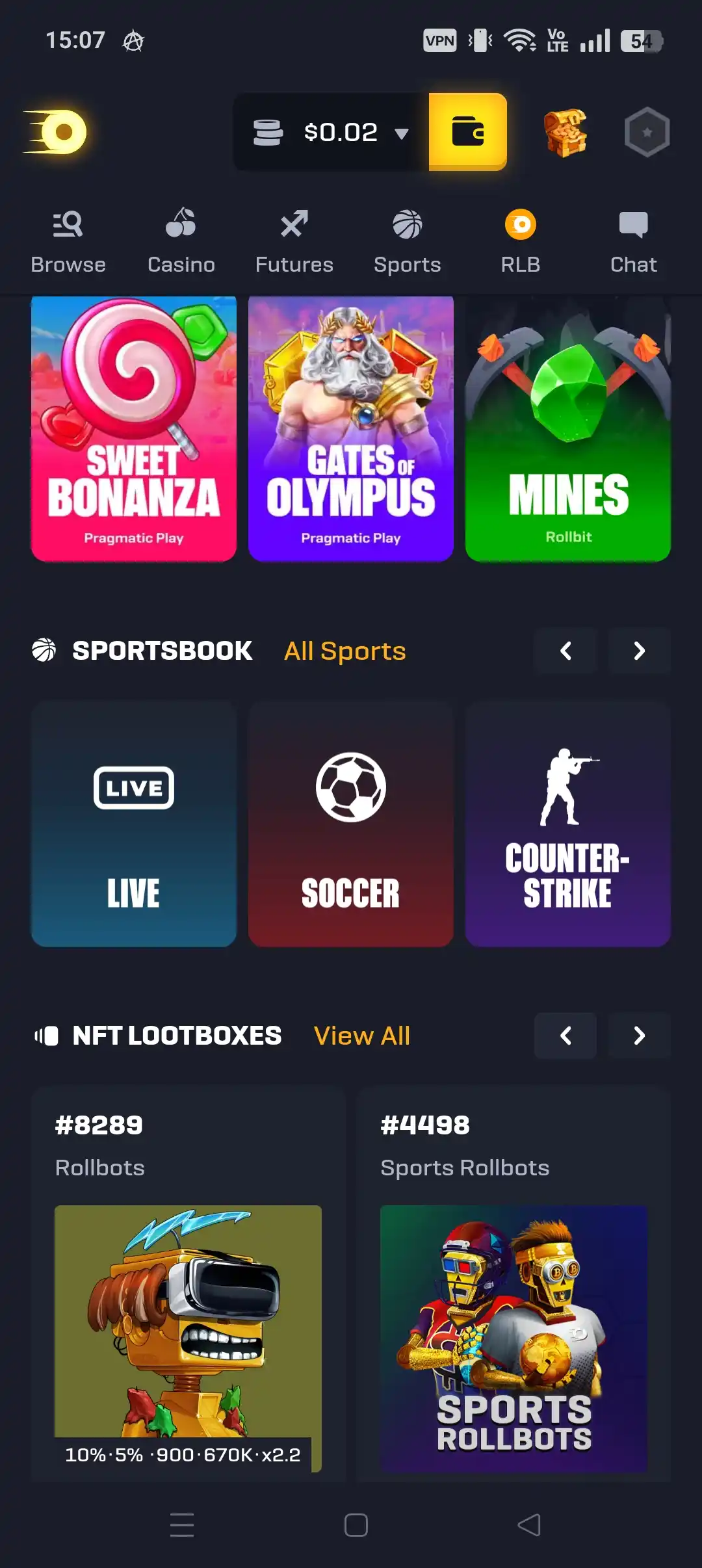 Rollbit mobile homepage with game categories, sportsbook tiles, and NFT lootboxes