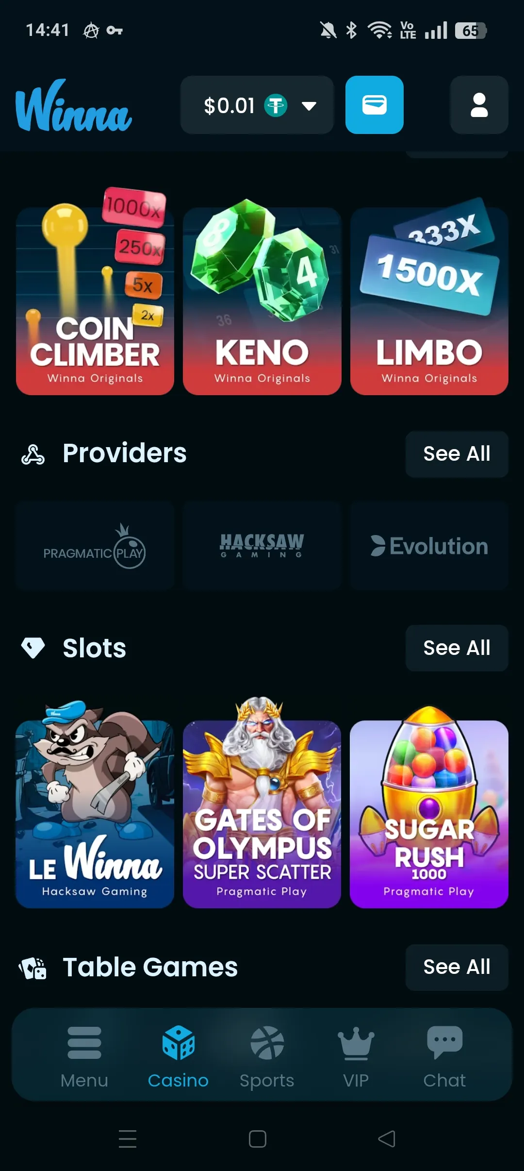 Winna mobile casino lobby with slots and provider shortcuts